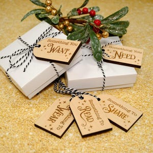 Something You Want Gift Tags, Christmas Gift Tags, Holiday Gift Tags, Want Need Wear Read Share, Stocking Tags, Wooden Present Gift Tags