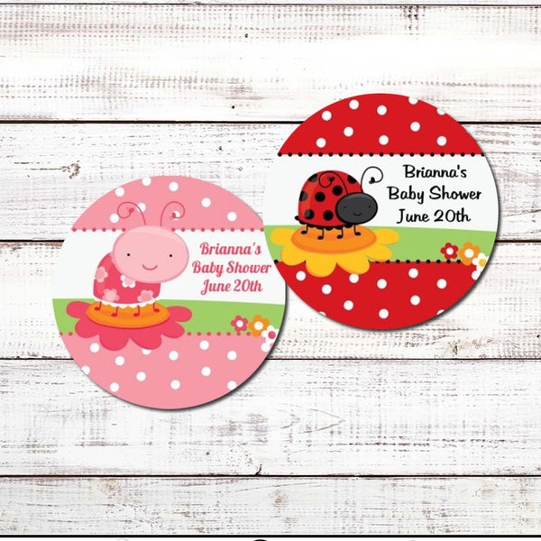 Ladybug Personalized Round Baby Shower Sticker Labels - Ladybug Birthday Party Stickers
