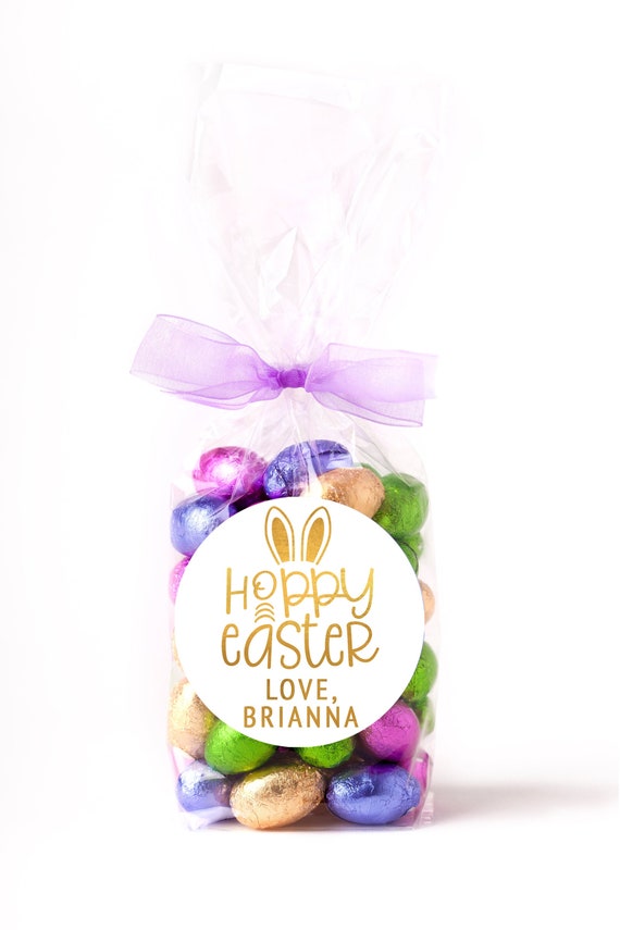 Easter Stickers - HOPPY Easter Gold Foil - Personalized Easter Sticker Labels - Available in 10 Different Sizes Il_570xn