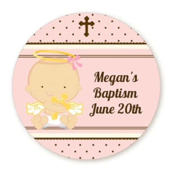 Angel Baby Girl with Cross Personalized Circle Round Baptism / Christening Sticker Labels by
