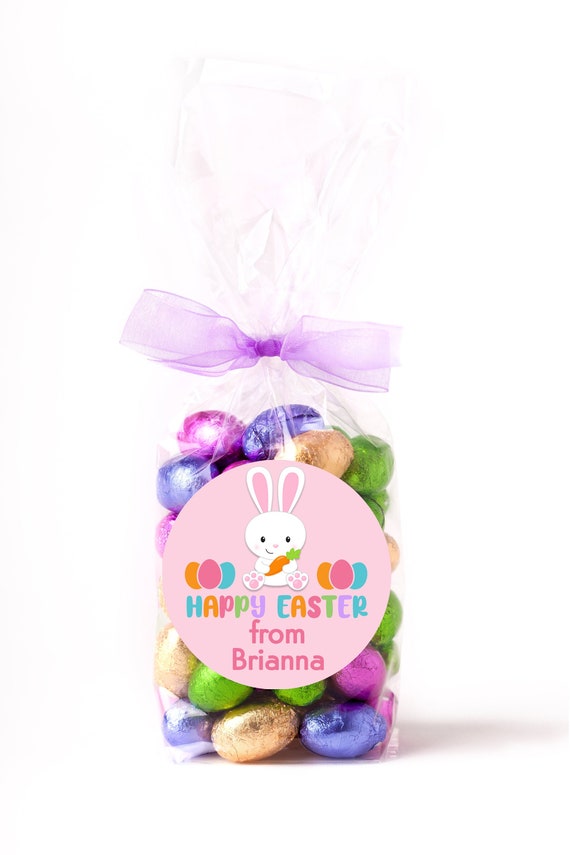 Easter Stickers - Pink Bunny with Carrot and Eggs - Personalized Easter Sticker Labels - Available in 10 Different Sizes Il_570xn