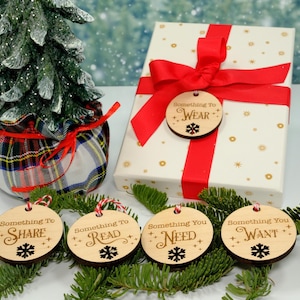 Something You Want Gift Tags, Christmas Gift Tags, Holiday Gift Tags, Want Need Wear Read Share, Stocking Tags, Wooden Present Gift Tags