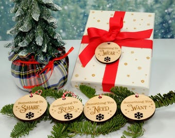 Something You Want Gift Tags, Christmas Gift Tags, Holiday Gift Tags, Want Need Wear Read Share, Stocking Tags, Wooden Present Gift Tags