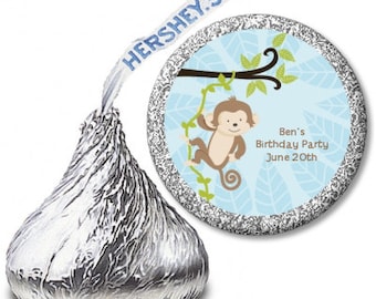 Monkey - Baby Shower / Birthday Party Personalized Hershey Kiss Stickers Party Chocolate Favor Labels - 108 stickers per sheet