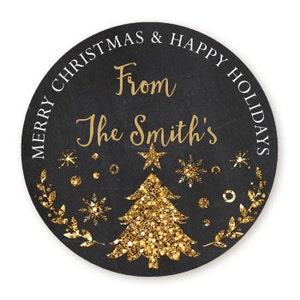 Christmas Tree Gold Glitter Personalized Round Christmas Sticker Labels Merry Christmas Stickers image 1