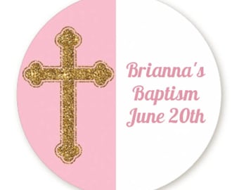 Gold Faux Glitter Cross Pink  - Cross Personalized  Round Baptism / Christening Sticker Labels -