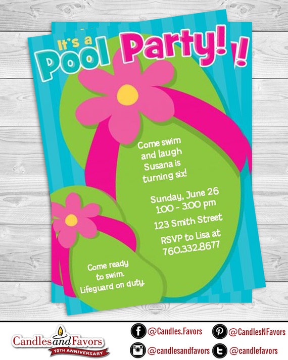 Flip Flops For Girls Pool Party - Birthday Party Invitation Professionally printed *or* DIY printable PDF Il_570xn