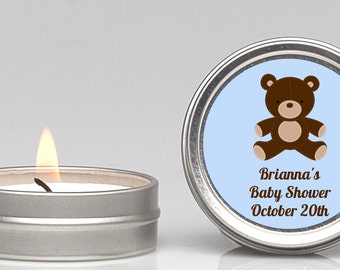 Teddy Bear Baby Shower Candle Tin Favor (Set of 12) - Party Themed Small Celebration Candle in Personalized Round Tin Container