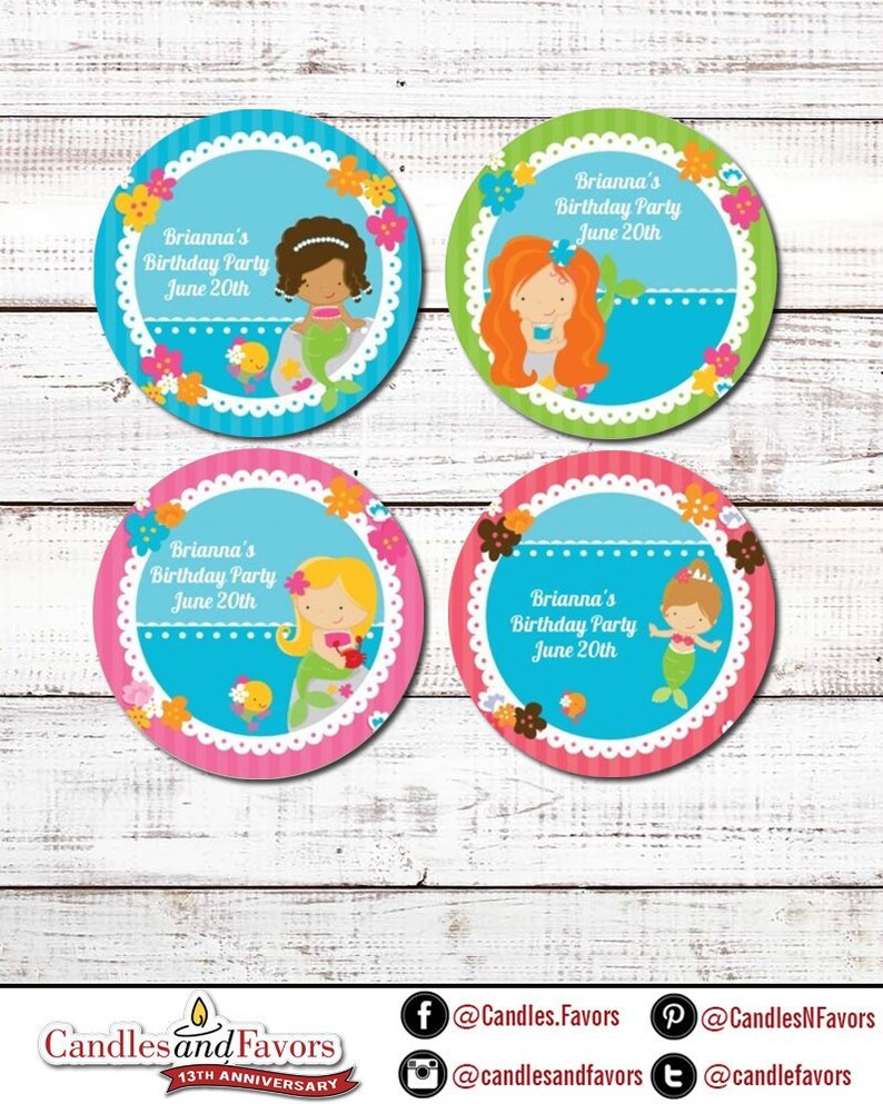 Mermaid Personalized Round Birthday Party Sticker Labels image 1