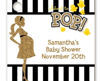 About To Pop® Gold Glitter - Baby Shower Favor Tags – Set of 20 Printed, Personalized and Hole Punched