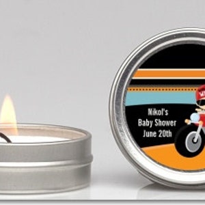 Motorcycle Baby Shower Candle Tin Favor Set of 12 Party Themed Small Candle in Personalized Round Tin Container. Choose gender & ethnicity image 1