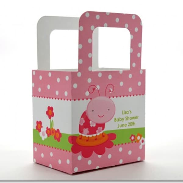 Baby Shower Favor Boxes - Modern Ladybug Pink - Personalized Custom Party Treat Container Gift Bags - Set Of 10