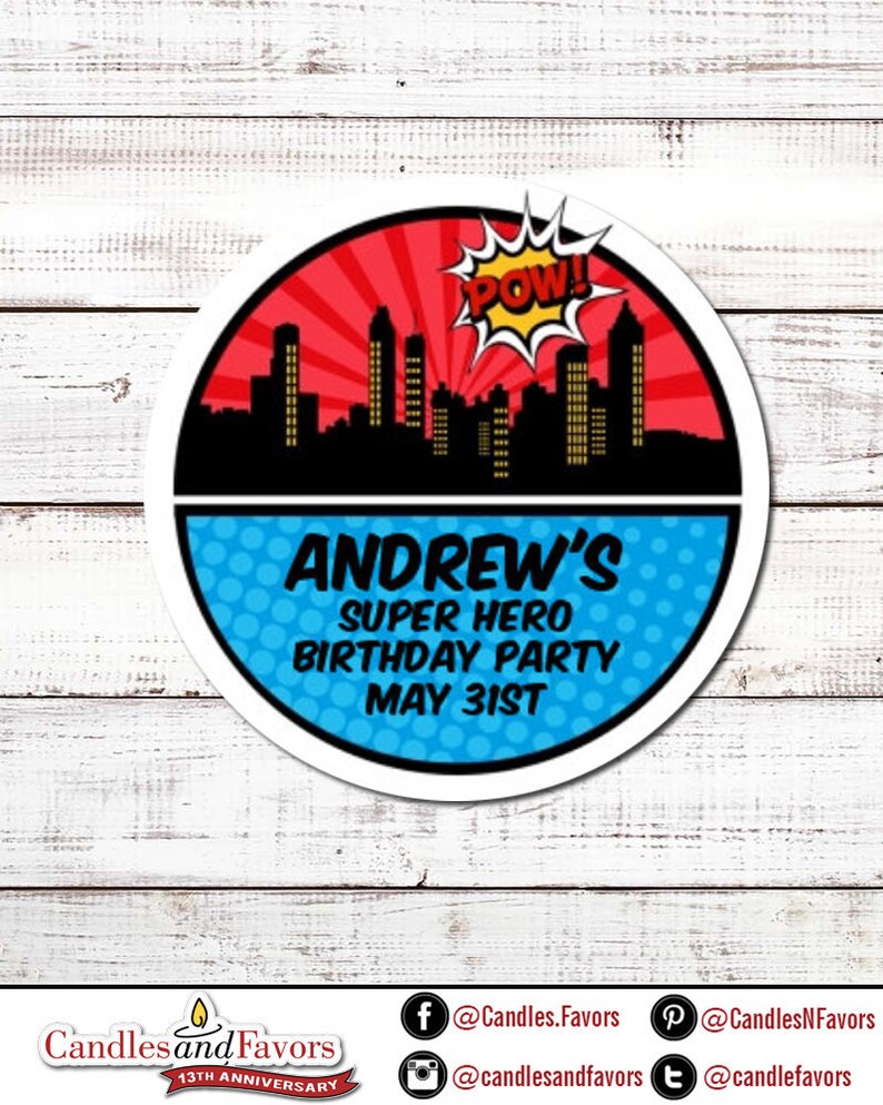 Calling All Superheroes Personalized Round Birthday Party Sticker Labels image 1