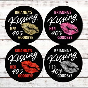 Kissing her 20s, 30s, 40s Goodbye Stickers - Lip Birthday StickerLabels - Personalized Round Birthday Party Sticker Labels