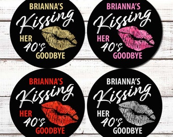 Kissing her 20s, 30s, 40s Goodbye Stickers - Lip Birthday StickerLabels - Personalized Round Birthday Party Sticker Labels