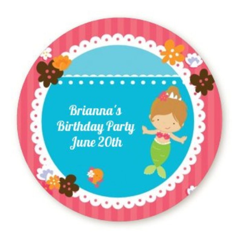 Mermaid Personalized Round Birthday Party Sticker Labels image 5