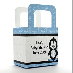 Baby Shower Favor Boxes Penguin Personalized Custom Party Treat Container Gift Bags Set Of 10 image 1