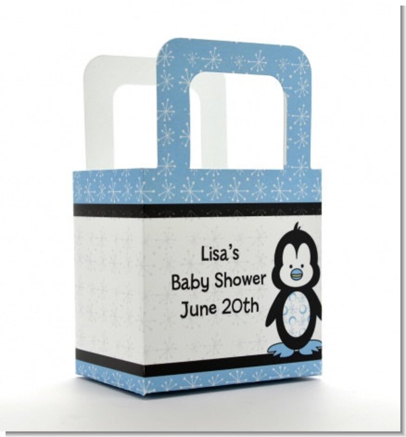 Baby Shower Favor Boxes Penguin Personalized Custom Party Treat Container Gift Bags Set Of 10 image 1