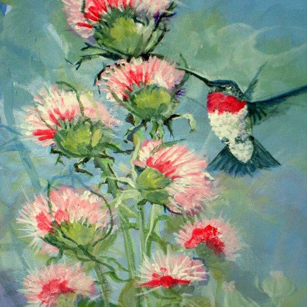 Acrylic Original Painting 12 x 24 Pink Thistle and Ruby Throat Hummingbird  RESERVE for Camille