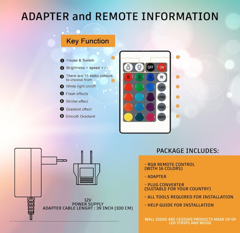 Puede incluir: Un mando a distancia blanco y negro con 16 opciones de color para luces LED. El mando tiene botones para pausa, brillo, velocidad, flash, estrobosc&oacute;pico, degradado y degradado suave. El mando tambi&eacute;n tiene botones para rojo, verde, azul, blanco y un bot&oacute;n para encender y apagar las luces. La imagen tambi&eacute;n muestra una fuente de alimentaci&oacute;n de 12V con una longitud de cable de 39 pulgadas.
