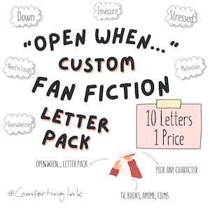 Paquete de cartas de fanfiction personalizado "Abre cuando" / Personaje reconfortante personalizado / 10 mensajes digitales / Apoyo y conexión / Cualquier personaje