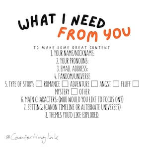May include: A white background with black text that reads "WHAT I NEED FROM YOU" in large, bold letters. Below the text is a list of questions to help create content, including "Your name/nickname", "Your pronouns", "Email address", "Fandom/universe", "Type of story", "Main characters", "Setting", and "Themes you'd like explored".