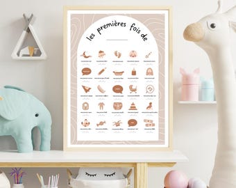 May include: A printable chart with a brown and beige background and a white border. The chart is titled "Les premieres fois de" and features a variety of baby milestones, such as first smile, first bath, first tooth, and first steps. Each milestone is represented by a simple icon.