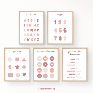 5 Carteles Infantiles “Aprendizaje” - abecedario - números - días - Rosa - colores a elegir - Descarga digital de alta calidad (PDF)