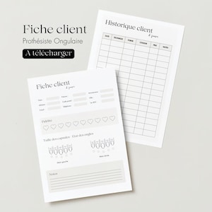 Può includere: Due moduli stampabili per tecnici delle unghie. Il primo modulo è un foglio di informazioni sul cliente con sezioni per il nome, il numero di telefono, l'e-mail e le note. Il secondo modulo è un foglio di cronologia del cliente con colonne per la data, la tecnica, la forma, il colore, il prezzo e le note.