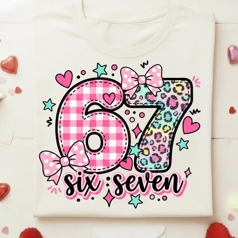 May include: Cream-colored t-shirt featuring a colorful graphic design for a sixth birthday. The number "6" is in pink gingham, and the "7" has a leopard print. The words "six: seven" are written below the numbers, with hearts, stars, and bows.