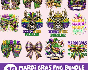 Mardi Gras 12 PNG Bundle for Shirts, Brushstroke Mardi Gras Sublimation, Fat Tuesday PNG, Coquette Carnival Shirt Graphics Designs