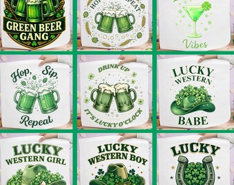 St Patricks Day PNG Bundle, Western Lucky Girl Cowboy Sublimation Designs, Retro Green Beer Gang Clipart, Lucky Babe DTF, Clover Graphics