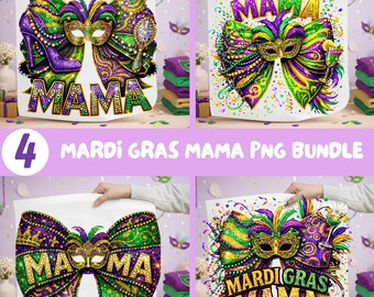 Mardi Gras Mama PNG Bundle, Glitter Purple Green Gold Mama, Coquette Bow Sublimation Design, Carnival Mask, Retro Mardi Gras Bows Shirt