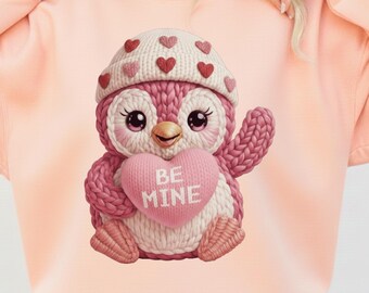 Pink Valentine Penguin PNG, Be Mine Latch Hook Yarn Crochet, Coquette Shirt Sublimation Design