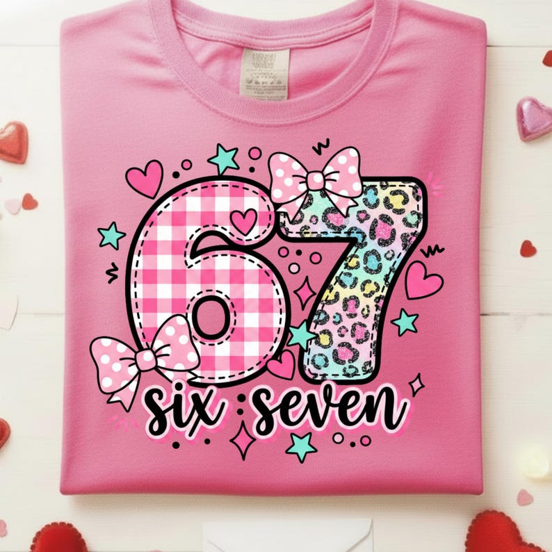 May include: Pink t-shirt with a large "67" graphic. The "6" is pink and white gingham, and the "7" has a leopard print design. The words "six seven" are below the numbers, with hearts, stars, and bows.