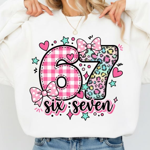 Girly 67 PNG, Pink Wavy Checkered 6 7 Shirt Design, Coquette Bow Sublimation Six Seven Meme