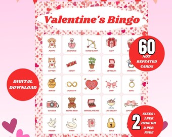 60 Cards Valentine Bingo For Kids, Valentine's Day Bingo For Parties, Valentines Printable Game For Work Events