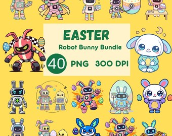 Robot Bunny Easter PNG Bundle, 40 Whimsical Robot Rabbit Sublimation Designs, Kids Easter Clipart, Toddler Spring DIY Craft PNG