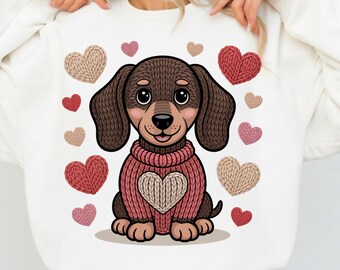 Latch Hook Yarn Dachshund PNG, Brown Doxie with Textured Hearts, Faux Knit Puppy Valentine Sublimation, Retro Dog Mom Digital Download