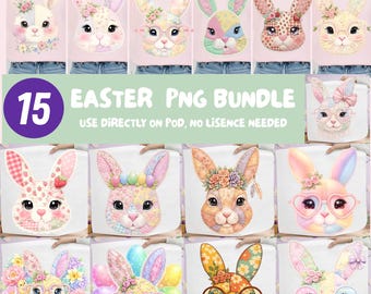 15 Easter Patchwork Bunny PNG Bundle, Preppy  Rabbit Sublimation Designs, Shabby Chic Floral Bunny Clipart, Coquette Easter Digital Download