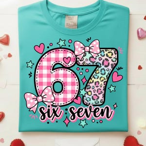 May include: Teal t-shirt featuring a large "67" design. The "6" is pink gingham, and the "7" has a leopard print pattern. Pink bows, hearts, stars, and the words "six seven" complete the design. A fun and colorful birthday shirt.