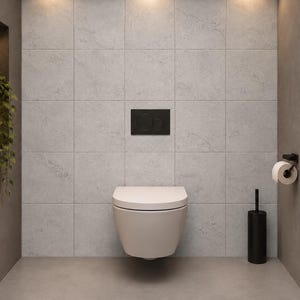 Könnte beinhalten: Ein wandhängendes weißes WC mit einer schwarzen Betätigungsplatte, zentriert an einer hellgrauen Fliesenwand. Das Badezimmer umfasst eine schwarze WC-Bürstengarnitur, einen schwarzen Toilettenpapierhalter mit weißer Rolle und ein dunkelgraues Handtuch.