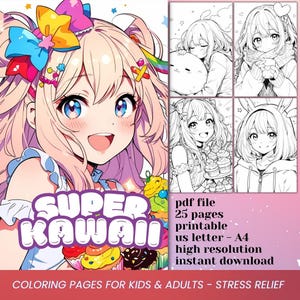 Super Kawaii Anime Coloring Book for adults Manga Coloring Pages Cute Anime Printable Coloring Pages Pretty Woman Portrait PDF Stress Relief