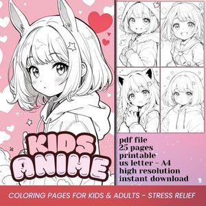 Kids Anime Coloring Book for adults Manga Anime Coloring Pages Cute Anime Printable Coloring Pages Pretty Kid Portrait PDF Stress Relief