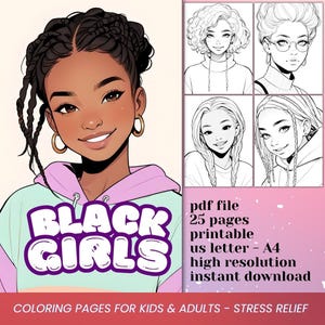 Anime Black Girl Coloring Book for adults Manga Anime Black Woman Coloring Pages Anime Printable Coloring pages Beautiful Female portraits