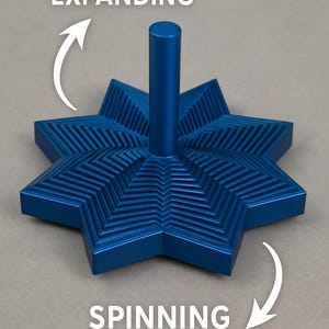 May include: A blue star-shaped spinning top with a central post. The top has a textured surface and is labeled "Expanding" and "Spinning" with arrows. The text "Intriguing Sound" is also present.