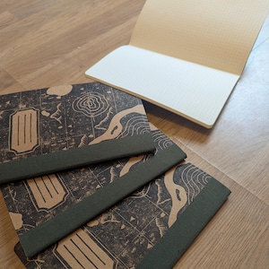 Puede incluir: Cuadernos con diseño de mapa. Las cubiertas son de color beige con un patrón de mapa marrón oscuro y un lomo verde oscuro. Un cuaderno está abierto, revelando páginas en blanco con puntos.