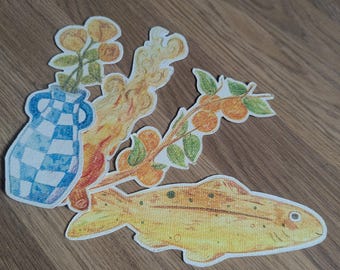 illustrerade bokmärken - eld, fisk, rosor, apelsiner
