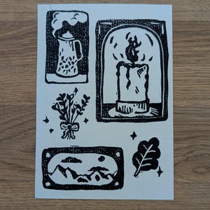 Lino printed post card, tiny prints