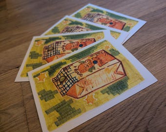 Illustrerat vykort med apelsinjuice